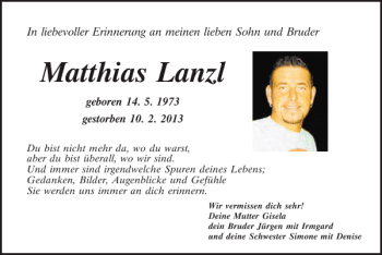 Traueranzeige von Matthias Lanzl von Mittelbayerische Zeitung