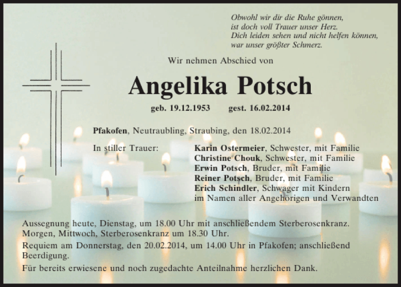  Traueranzeige für Pfakofen Angelika Potsch vom 18.02.2014 aus Mittelbayerische Zeitung