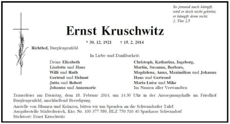  Traueranzeige für Richthof Ernst Kruschwitz vom 17.02.2014 aus Mittelbayerische Zeitung