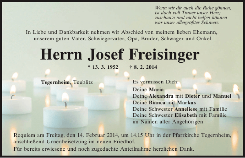  Traueranzeige für Tegernheim Josef Freisinger vom 12.02.2014 aus Mittelbayerische Zeitung