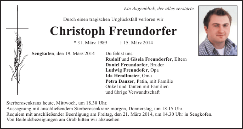  Traueranzeige für Christoph Freundorfer vom 19.03.2014 aus Mittelbayerische Zeitung