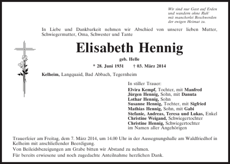  Traueranzeige für Kelheim Elisabeth Hennig vom 05.03.2014 aus Mittelbayerische Zeitung