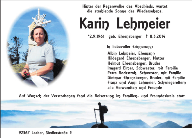  Traueranzeige für Laaber Karin Lehmeier vom 15.03.2014 aus Mittelbayerische Zeitung