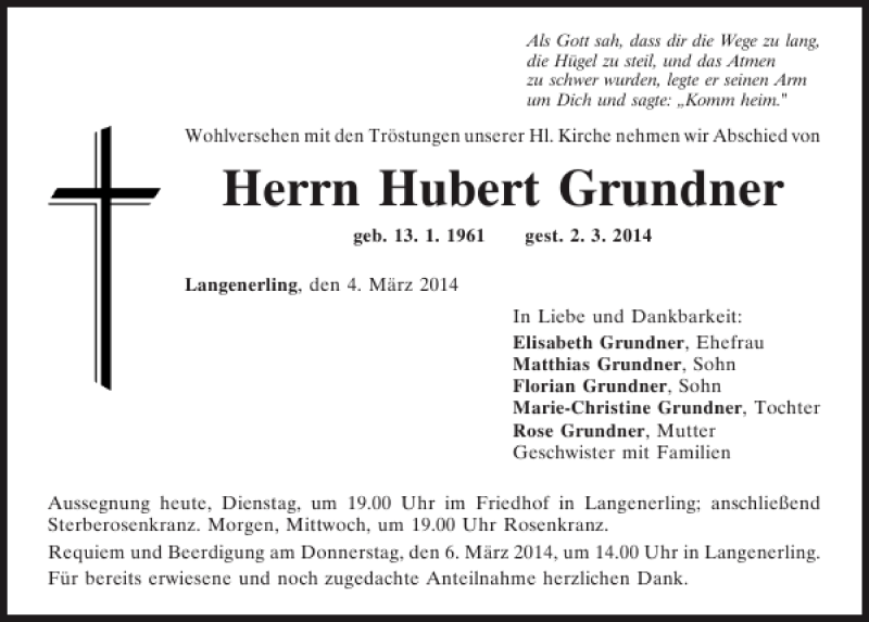 Traueranzeige für Langenerling Hubert Grundner vom 04.03.2014 aus Mittelbayerische Zeitung