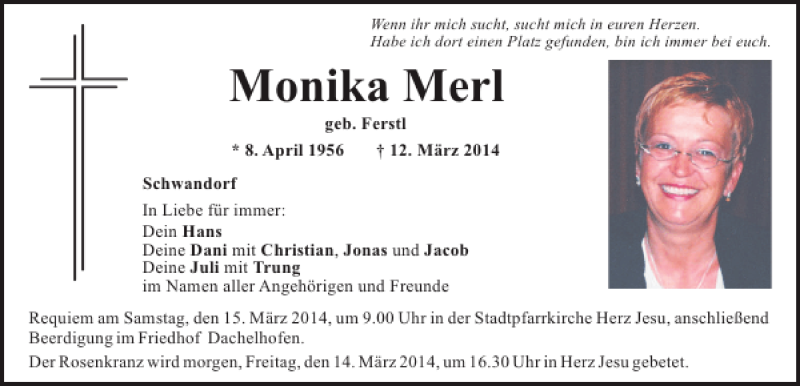  Traueranzeige für Monika Merl vom 13.03.2014 aus Mittelbayerische Zeitung