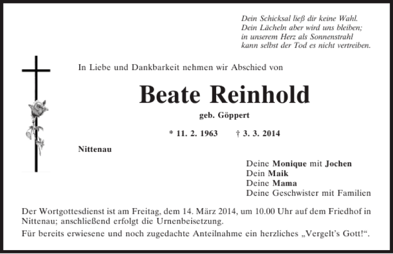  Traueranzeige für Nittenau Beate Reinhold vom 08.03.2014 aus Mittelbayerische Zeitung