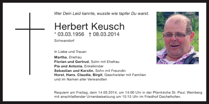  Traueranzeige für Schwandorf Herbert Keusch vom 13.03.2014 aus Mittelbayerische Zeitung