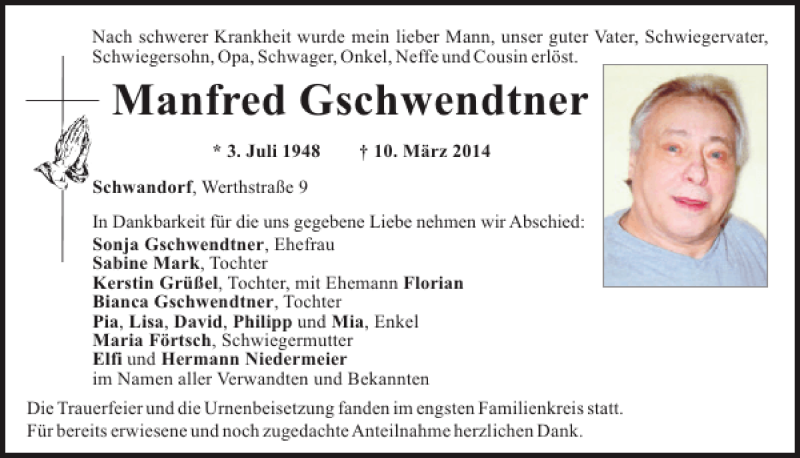  Traueranzeige für Schwandorf Manfred Gschwendtner vom 15.03.2014 aus Mittelbayerische Zeitung