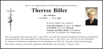 Traueranzeige von geb. Auburger Therese Biller von Mittelbayerische Zeitung