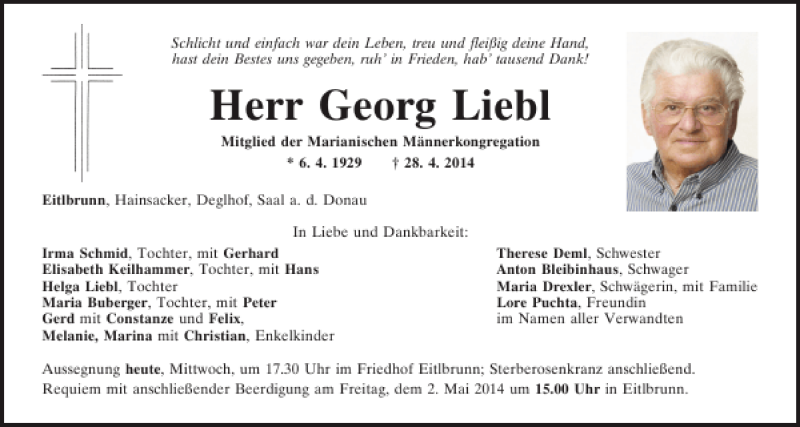  Traueranzeige für Georg Liebl vom 30.04.2014 aus Mittelbayerische Zeitung