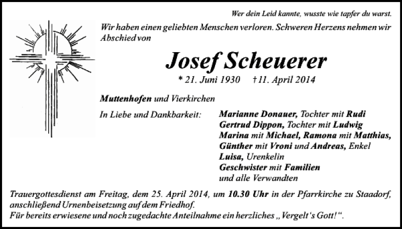  Traueranzeige für Josef Scheuerer vom 22.04.2014 aus Mittelbayerische Zeitung