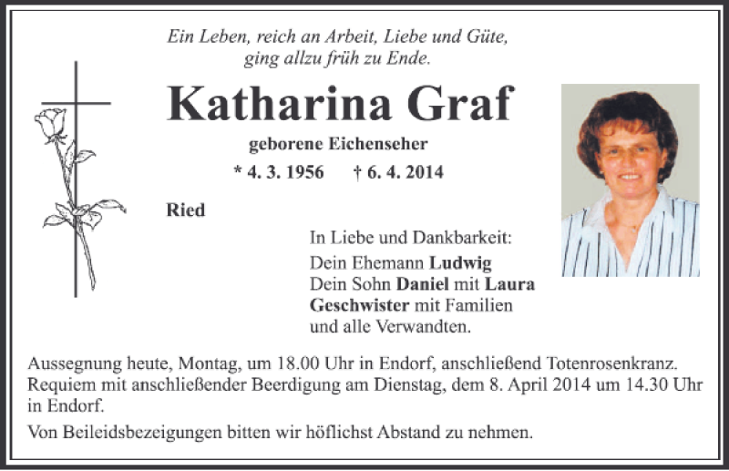  Traueranzeige für Katharina Graf vom 07.04.2014 aus Mittelbayerische Zeitung