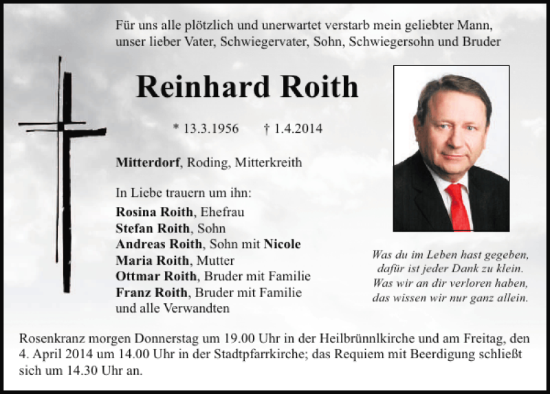  Traueranzeige für Mitterdorf Reinhard Roith vom 02.04.2014 aus Mittelbayerische Zeitung