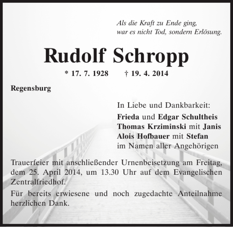  Traueranzeige für Rudolf Schropp vom 23.04.2014 aus Mittelbayerische Zeitung