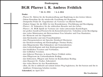 Traueranzeige von Schorndorf BGR Pfarrer Ambros Fröhlich von Mittelbayerische Zeitung