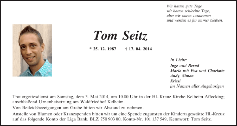  Traueranzeige für Tom Seitz vom 30.04.2014 aus Mittelbayerische Zeitung