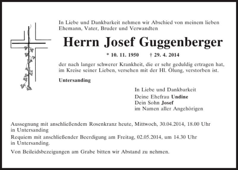 Traueranzeige für Untersanding Josef Guggenberger vom 30.04.2014 aus Mittelbayerische Zeitung