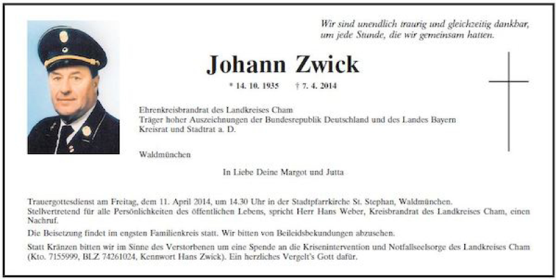  Traueranzeige für Waldmünchen Johann Zwick vom 09.04.2014 aus Mittelbayerische Zeitung