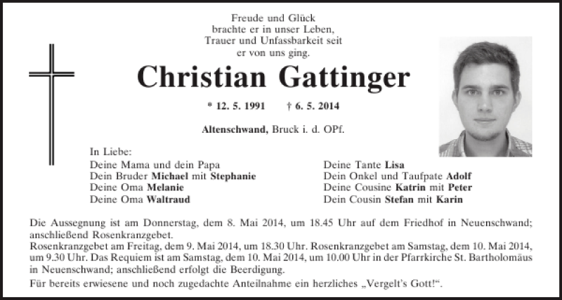  Traueranzeige für Christian  Gattinger vom 08.05.2014 aus Mittelbayerische Zeitung