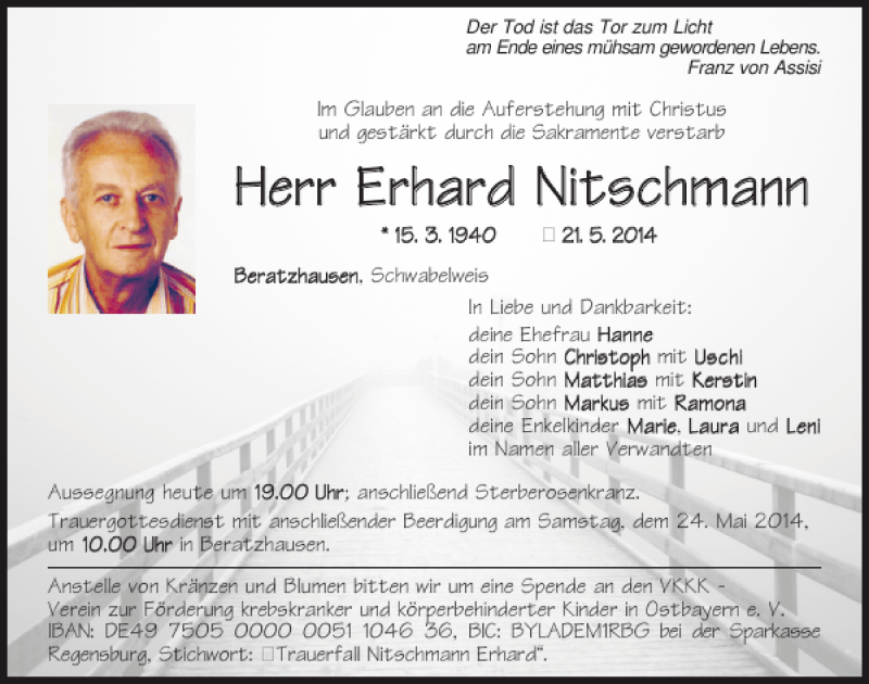  Traueranzeige für Beratzhausen Erhard Nitschmann vom 23.05.2014 aus Mittelbayerische Zeitung