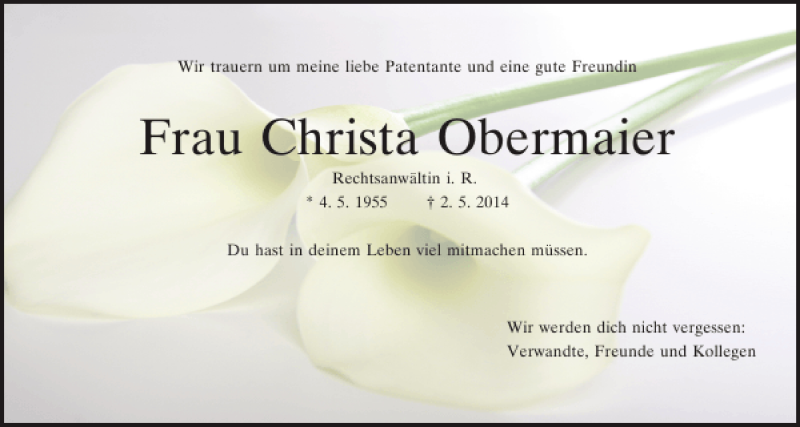  Traueranzeige für Christa Obermaier vom 10.05.2014 aus Mittelbayerische Zeitung