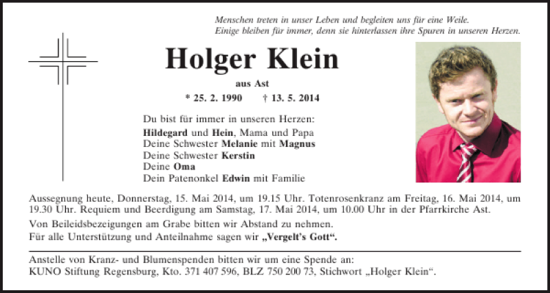  Traueranzeige für Holger Klein vom 15.05.2014 aus Mittelbayerische Zeitung