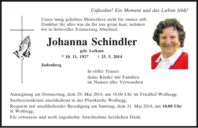  Traueranzeige für Johanna Schindler vom 28.05.2014 aus Mittelbayerische Zeitung