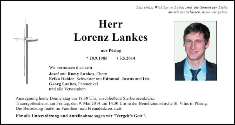  Traueranzeige für Lorenz Lankes vom 08.05.2014 aus Mittelbayerische Zeitung