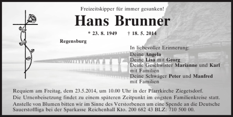  Traueranzeige für Regensburg Hans Brunner vom 21.05.2014 aus Mittelbayerische Zeitung