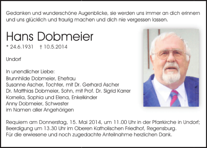  Traueranzeige für Undorf Hans Dobmeier vom 13.05.2014 aus Mittelbayerische Zeitung