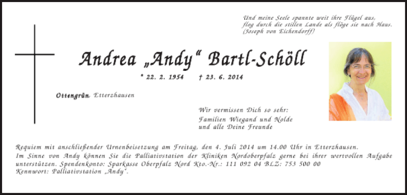  Traueranzeige für Andrea 'Andy' Bartl-Schöll vom 28.06.2014 aus Mittelbayerische Zeitung