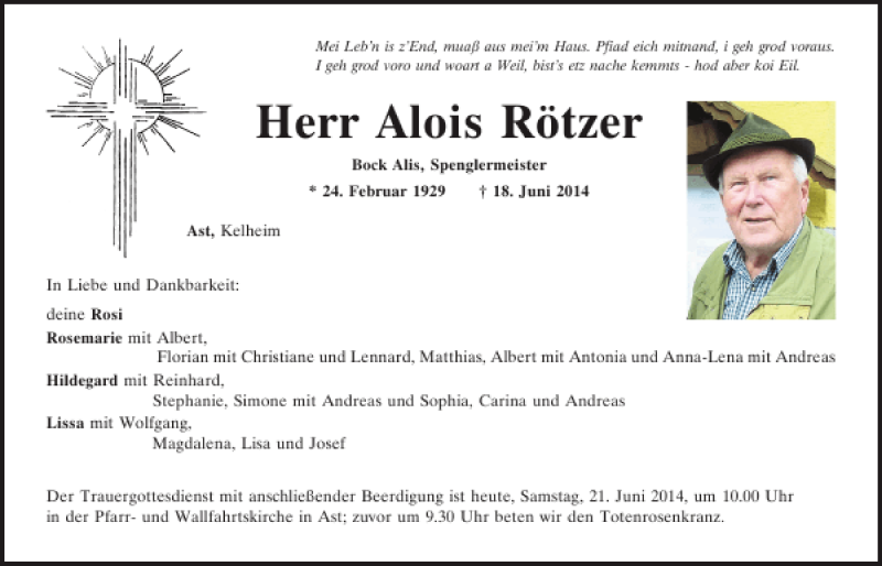  Traueranzeige für Ast Alois Rötzer vom 21.06.2014 aus Mittelbayerische Zeitung