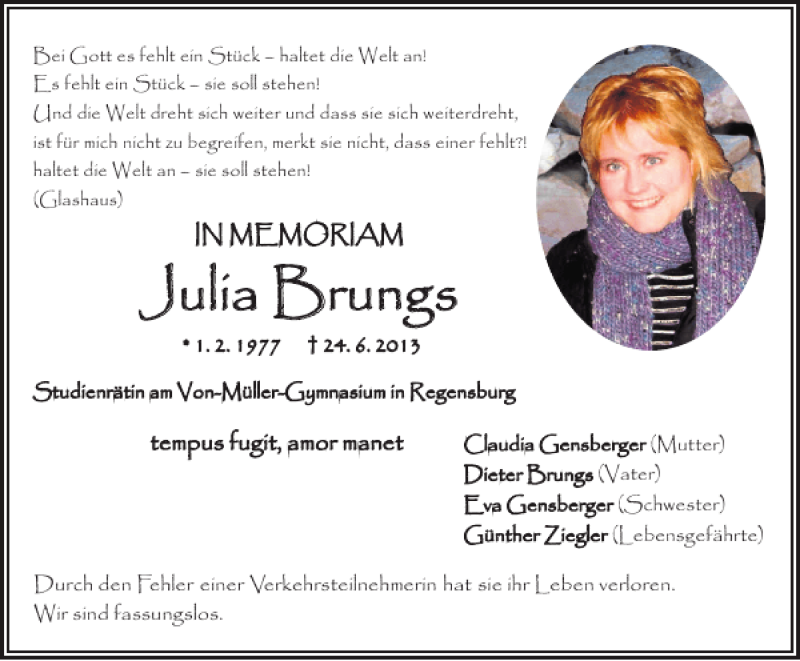  Traueranzeige für Julia Brungs vom 24.06.2014 aus Mittelbayerische Zeitung