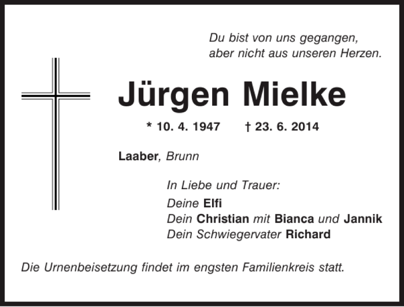  Traueranzeige für Laaber Jürgen Mielke vom 25.06.2014 aus Mittelbayerische Zeitung