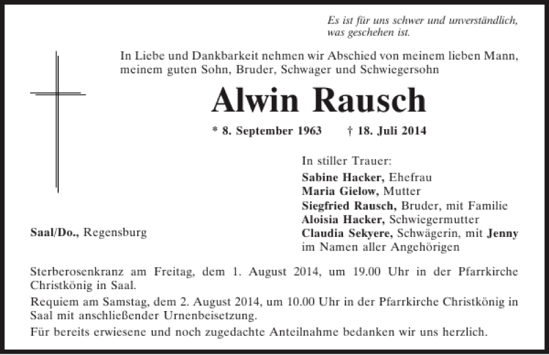  Traueranzeige für Alwin Rausch vom 30.07.2014 aus Mittelbayerische Zeitung