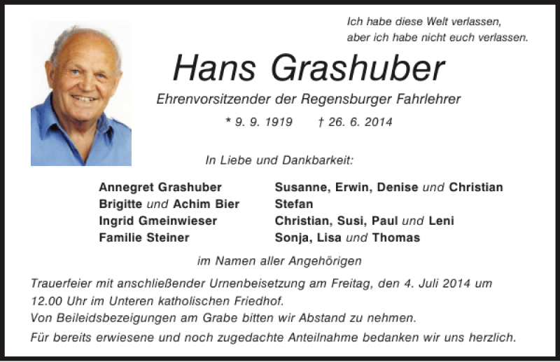  Traueranzeige für Hans Grashuber vom 02.07.2014 aus Mittelbayerische Zeitung