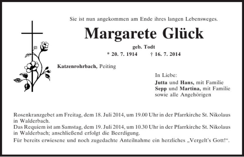  Traueranzeige für Katzenrohrbach Margarete Glück vom 18.07.2014 aus Mittelbayerische Zeitung