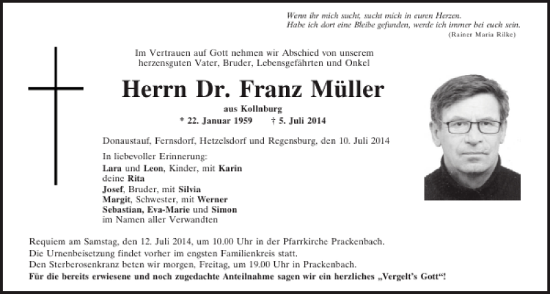  Traueranzeige für Kollnburg Dr. Franz Müller vom 10.07.2014 aus Mittelbayerische Zeitung