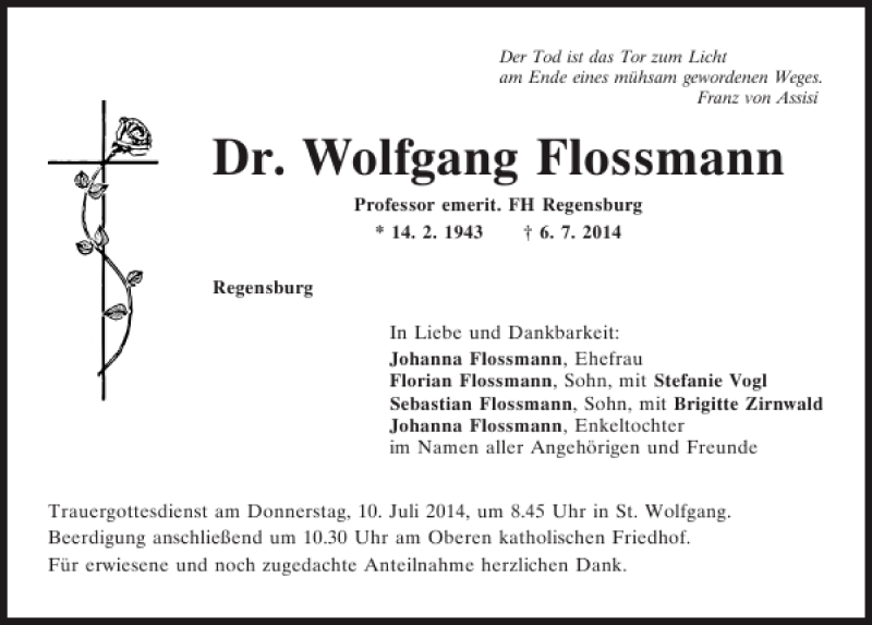  Traueranzeige für Regensburg Dr. Wolfgang Flossmann vom 08.07.2014 aus Mittelbayerische Zeitung