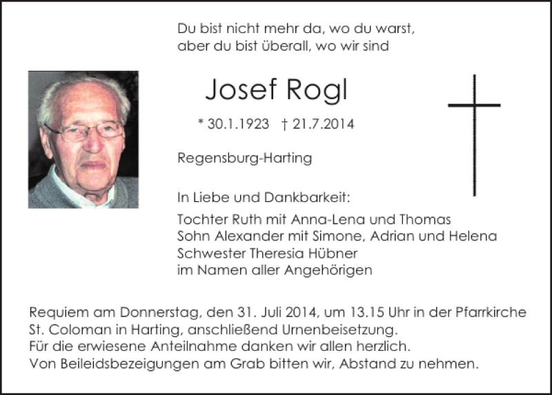  Traueranzeige für Regensburg-Harting Josef Rogl vom 26.07.2014 aus Mittelbayerische Zeitung