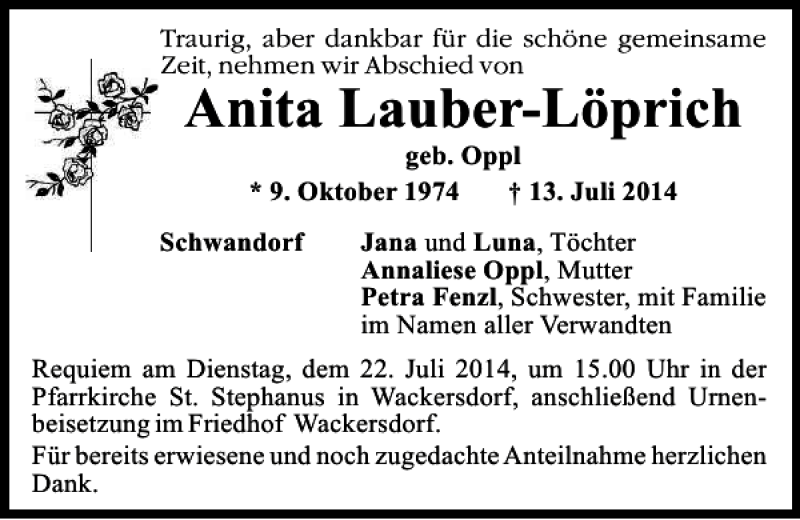  Traueranzeige für Schwandorf Anita Lauber-Löprich vom 19.07.2014 aus Mittelbayerische Zeitung