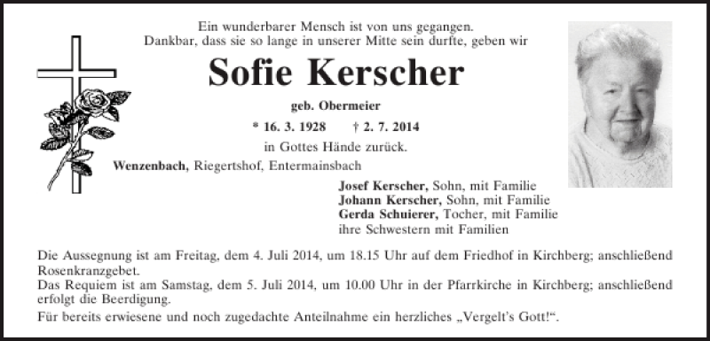  Traueranzeige für Sofie Kerscher vom 04.07.2014 aus Mittelbayerische Zeitung