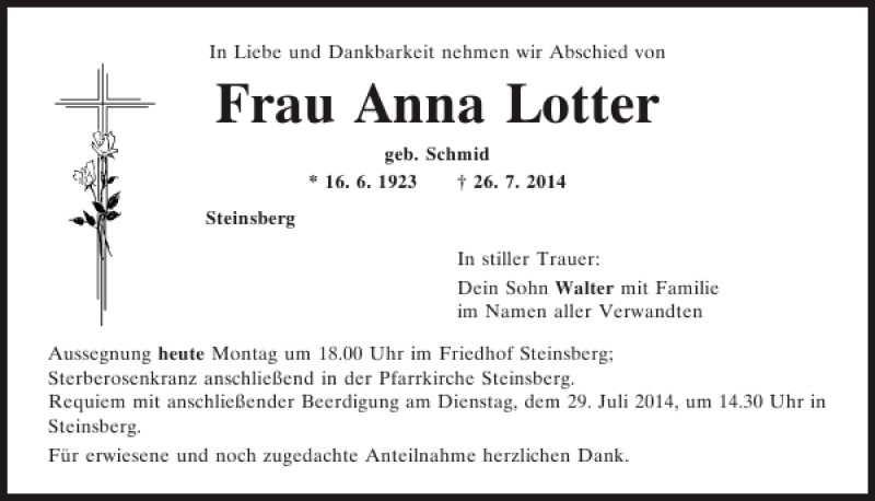  Traueranzeige für Steinsberg Anna Lotter vom 28.07.2014 aus Mittelbayerische Zeitung