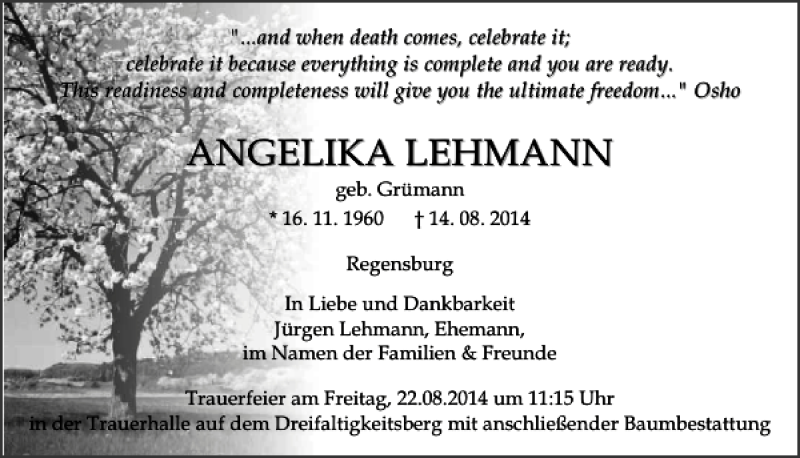  Traueranzeige für Angelika Lehmann vom 20.08.2014 aus Mittelbayerische Zeitung