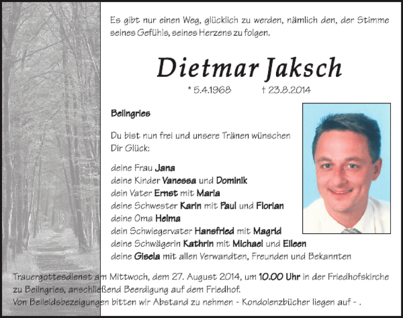  Traueranzeige für Beilngries Dietmar Jaksch vom 26.08.2014 aus Mittelbayerische Zeitung