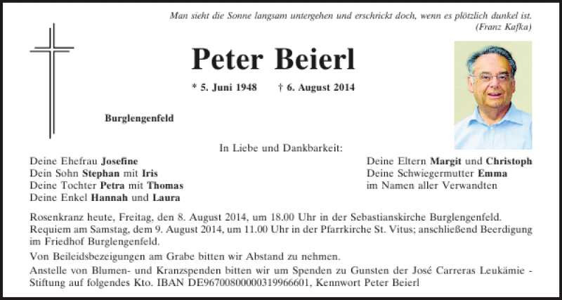  Traueranzeige für Burglengenfeld Peter Beierl vom 08.08.2014 aus Mittelbayerische Zeitung