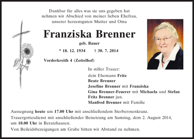  Traueranzeige für Franziska Brenner vom 01.08.2014 aus Mittelbayerische Zeitung