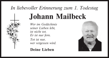 Traueranzeige von Johann Mailbeck von Mittelbayerische Zeitung