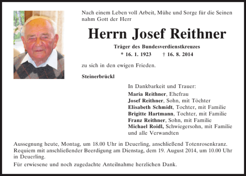  Traueranzeige für Josef Reithner vom 18.08.2014 aus Mittelbayerische Zeitung