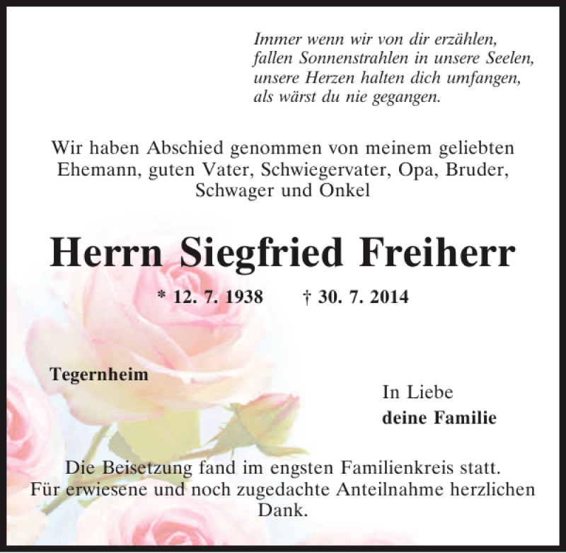  Traueranzeige für Siegfried Freiherr vom 06.08.2014 aus Mittelbayerische Zeitung